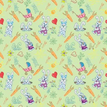 Seamless pattern childrens illustration of set of element for design, bunnies Stock Illustration