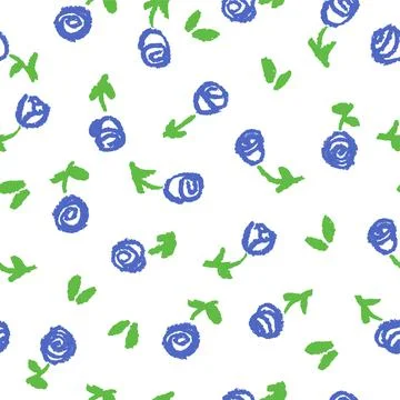 Seamless pattern with like child's drawing of blue flowers. Stock Illustration