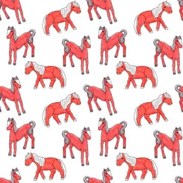 Seamless pattern with child's drawing orange cute pony Stock Illustration