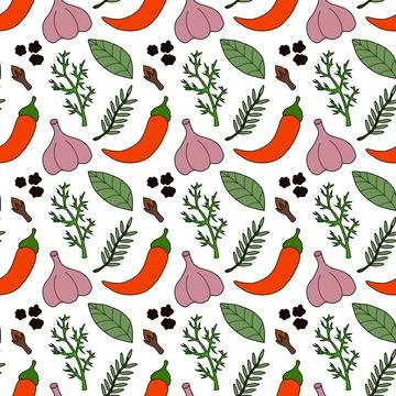 Seamless pattern with chili, bay leaf, dill, black pepper, garlic, rosemary Stock Illustration