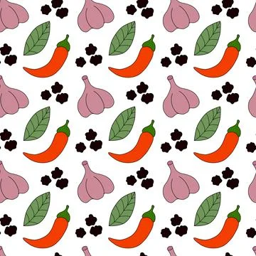 Seamless pattern with chili, bay leaf, black pepper, garlic Stock Illustration