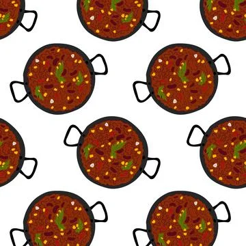 Seamless pattern of Chili con carne with beans, green and corn in cast iron pan Stock Illustration