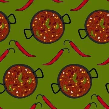 Seamless pattern of Chili con carne in a cast iron pan and red hot chili pepper Stock Illustration