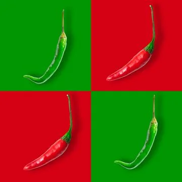 Seamless pattern of chilli pepper isolated on red and green backgrounds. Pop art Stock Photos
