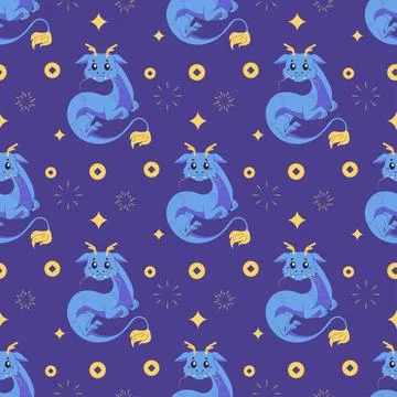 Seamless pattern Chinese dragon, red cute 2024. blue Stock Illustration