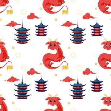 Seamless pattern chinese dragon, red cute 2024. Stock Illustration
