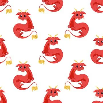 Seamless pattern chinese dragon, red cute 2024. Stock Illustration