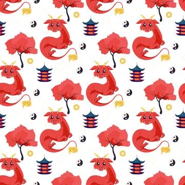 Seamless pattern chinese dragon, red cute 2024. Stock Illustration