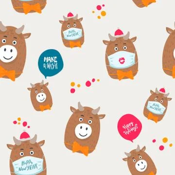 Seamless pattern. Chinese Happy new year. Year of the bull, cute character wi Stock Illustration