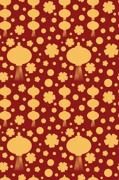 Seamless pattern with Chinese lanterns, sakura and dots. Vector illustration. Stock Illustration