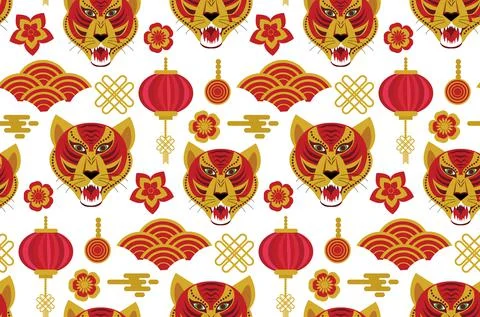 Seamless pattern with Chinese New Year 2022 Zodiac Year of the tiger sign with Stock Illustration