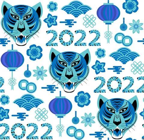 Seamless pattern with Chinese New Year 2022 Zodiac Year of the tiger sign with Illustrazione stock