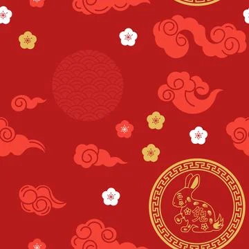 Seamless pattern with Chinese New Year 2023 Zodiac Year of the bunny sign wit Stockillustratie