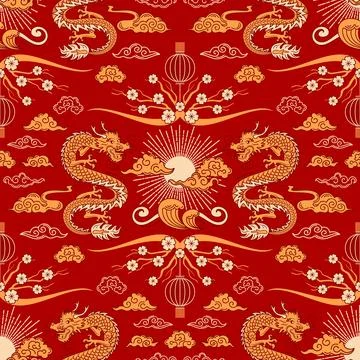 Seamless pattern Chinese New Year of the Wooden Dragon. Sun and clouds. Bright Stock Illustration