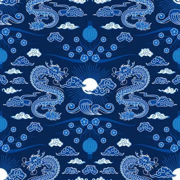 Seamless pattern Chinese New Year of the Wooden Dragon. Sun and clouds. Bright Stock Illustration