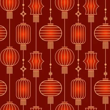Seamless pattern of Chinese paper Hanging lantern Denglong. Good luck knot Stock Illustration