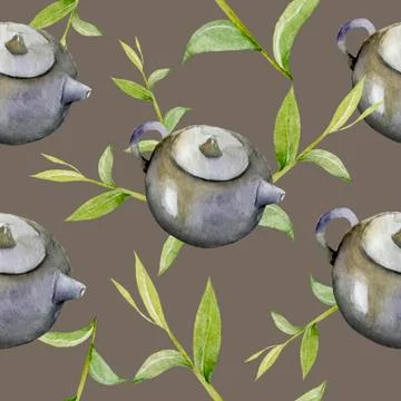 Seamless pattern with chinese tea, teapot, cups, moon cakes, flower for mid Stock Illustration