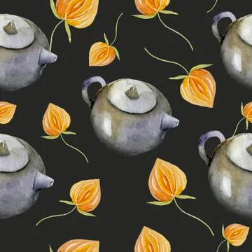 Seamless pattern with chinese tea, teapot, cups, moon cakes, flower for mid Illustrazione stock
