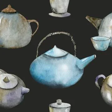 Seamless pattern with chinese tea, teapot, cups, moon cakes, flower for mid Stock Illustration