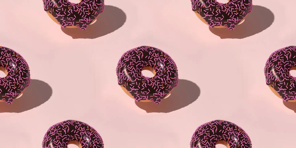 Seamless pattern: chocolate 3D donut on a beige background is a realistic sweet Stock Illustration