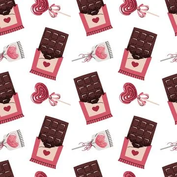 Seamless Pattern With Chocolate Bar And Heart-Shaped Lollipops In Flat Style. Stock Illustration