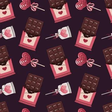 Seamless Pattern With Chocolate Bar And Heart-Shaped Lollipops In Flat Styl.. Illustrazione stock