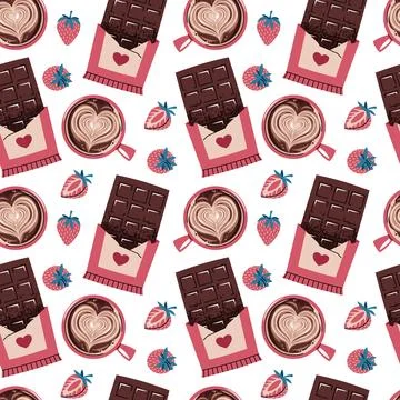 Seamless Pattern With Chocolate Bar, strawberry And Coffee Cup In Flat Styl.. Stock Illustration