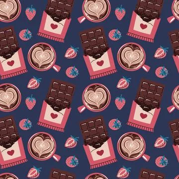 Seamless Pattern With Chocolate Bar, strawberry And Coffee Cup In Flat Styl.. Stock Illustration