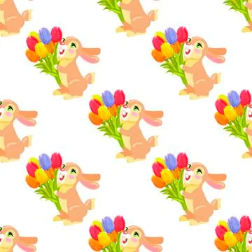 Seamless Pattern with Chocolate Bunny and Bouquet Stock Illustration