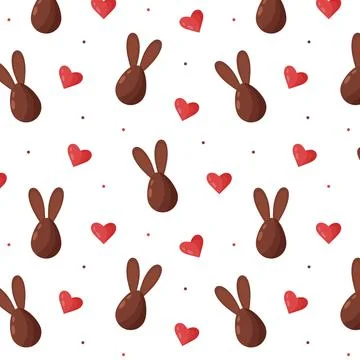 Seamless pattern with chocolate bunny Easter egg, heart and dots. Stock Illustration