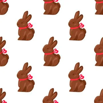 Seamless Pattern Chocolate Bunny with Pink Ribbon イラスト素材