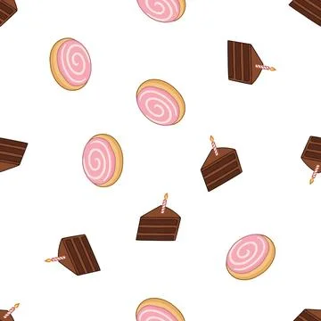 Seamless pattern with chocolate cake slices and pink swirl cookies on white.. Stock Illustration
