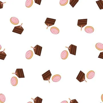 Seamless pattern with chocolate cake slices and pink swirl cookies on white.. Stock Illustration