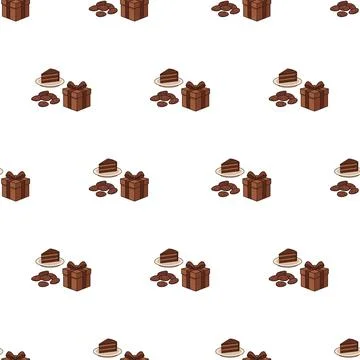 Seamless pattern with chocolate cake slices and gift boxes on white backgroun Stock Illustration