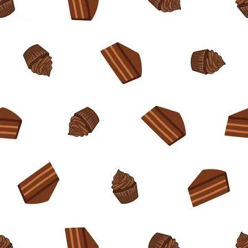 Seamless pattern with chocolate cake slices and cupcakes on white background. Stock Illustration