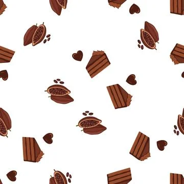 Seamless pattern with chocolate cake slices and cocoa beans on white backgr.. Stock Illustration