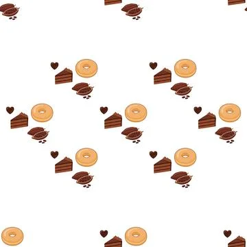 Seamless pattern with chocolate cake slices donuts and coffee beans on whit.. Stock Illustration