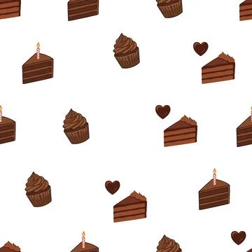 Seamless pattern with chocolate cake slices and cupcakes on white background. Illustrazione stock