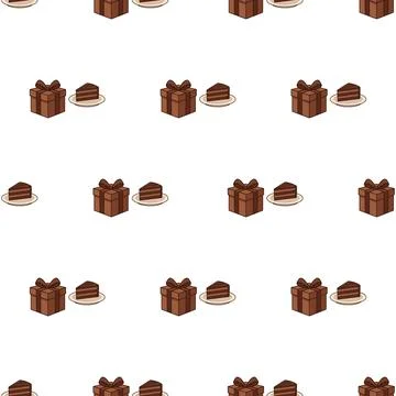 Seamless pattern with chocolate cake slices and gift boxes on white backgroun Stock Illustration