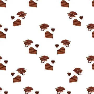 Seamless pattern with chocolate cake slices and cocoa beans and hearts. Stock Illustration