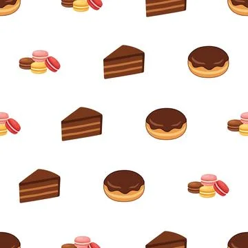 Seamless pattern with chocolate cake slices donuts and colorful macarons on.. Stock Illustration