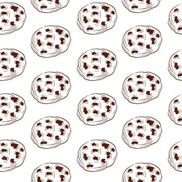 Seamless pattern with chocolate chip cookies in line art style. Perfect for Stock Illustration