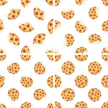 Seamless pattern with chocolate chip cookies, whole, bitten and broken cookies Stock Illustration