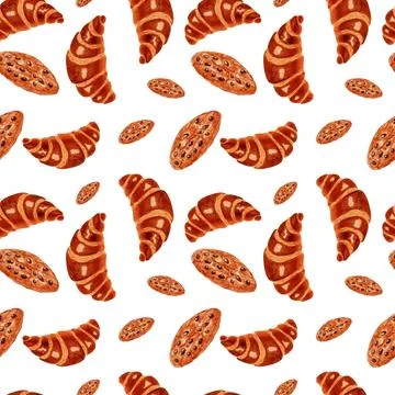 Seamless pattern of chocolate chip cookies and croissants on white background Stock Illustration