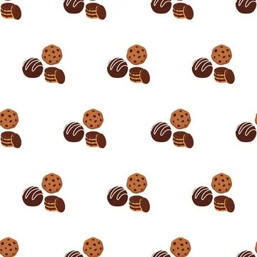 Seamless pattern with chocolate chip cookies and truffles on white background Stock Illustration
