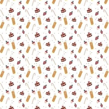 Seamless pattern with chocolate-covered strawberries, a delicious drink, a co Stock Illustration