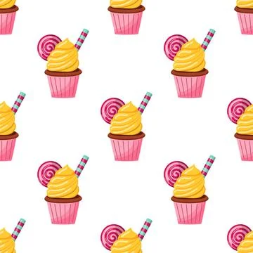 Seamless pattern chocolate cupcake with cream and sweets. vector illustrati.. Stock Illustration