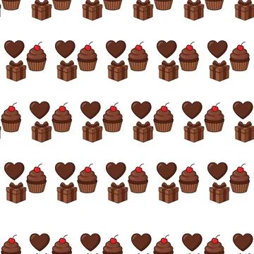 Seamless Pattern of Chocolate Cupcakes and Hearts for Bakery Design. Stock Illustration