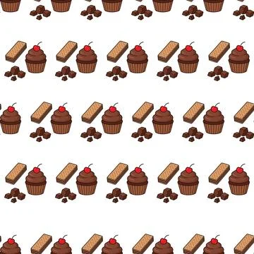 Seamless pattern with chocolate cupcakes and wafer cookies on white backgroun Stock Illustration