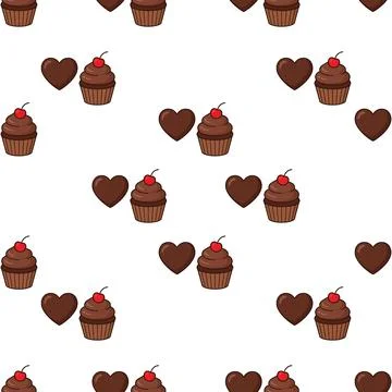 Seamless pattern with chocolate cupcakes and hearts for bakery and dessert .. Stock Illustration